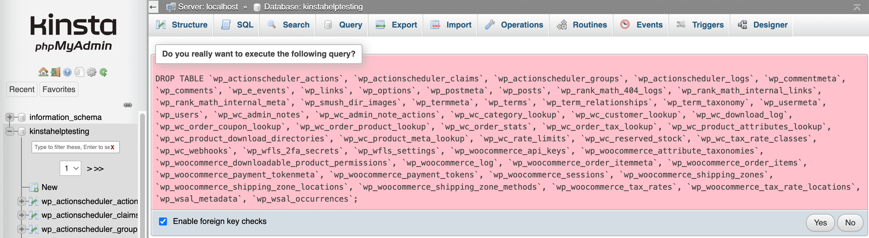 Confirme que você deseja executar a consulta para excluir tabelas no phpMyAdmin.