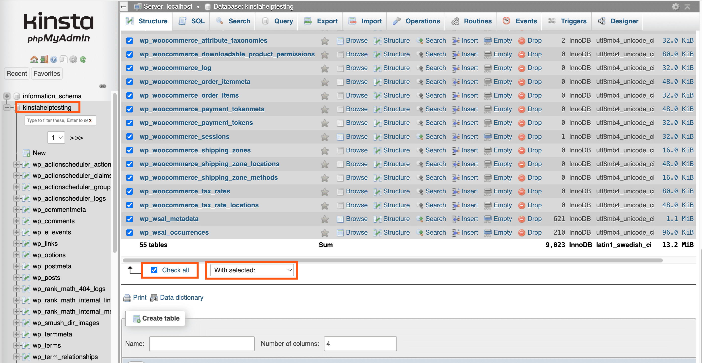 Tabelas drop no phpMyAdmin.