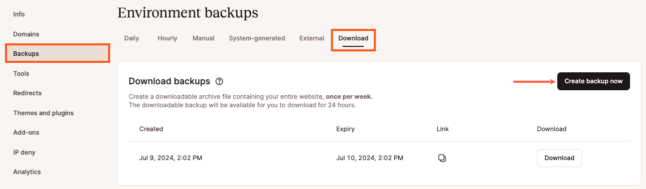 Backups para download no MyKinsta.