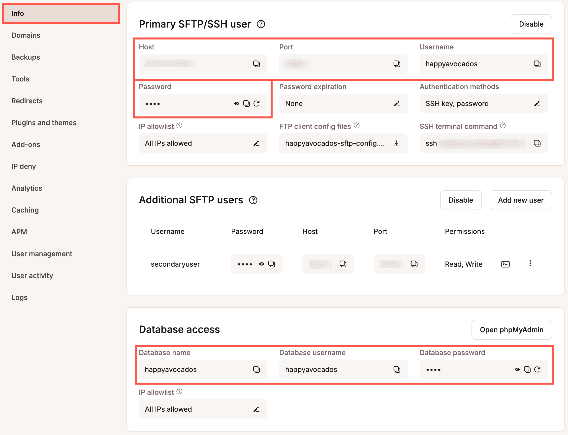 As credenciais para configurar o túnel SSH podem ser encontradas no MyKinsta.