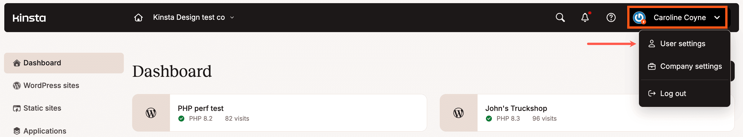 Configurações do usuário no MyKinsta.