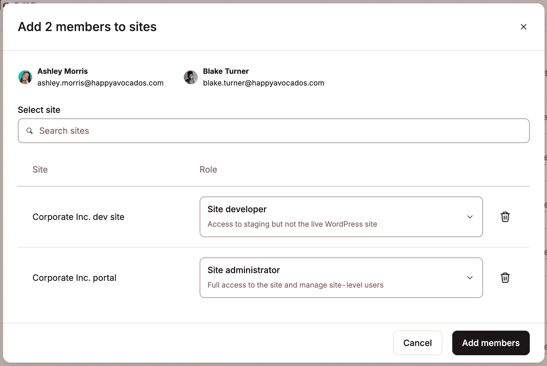 Selecionar a função do usuário para o(s) site(s).