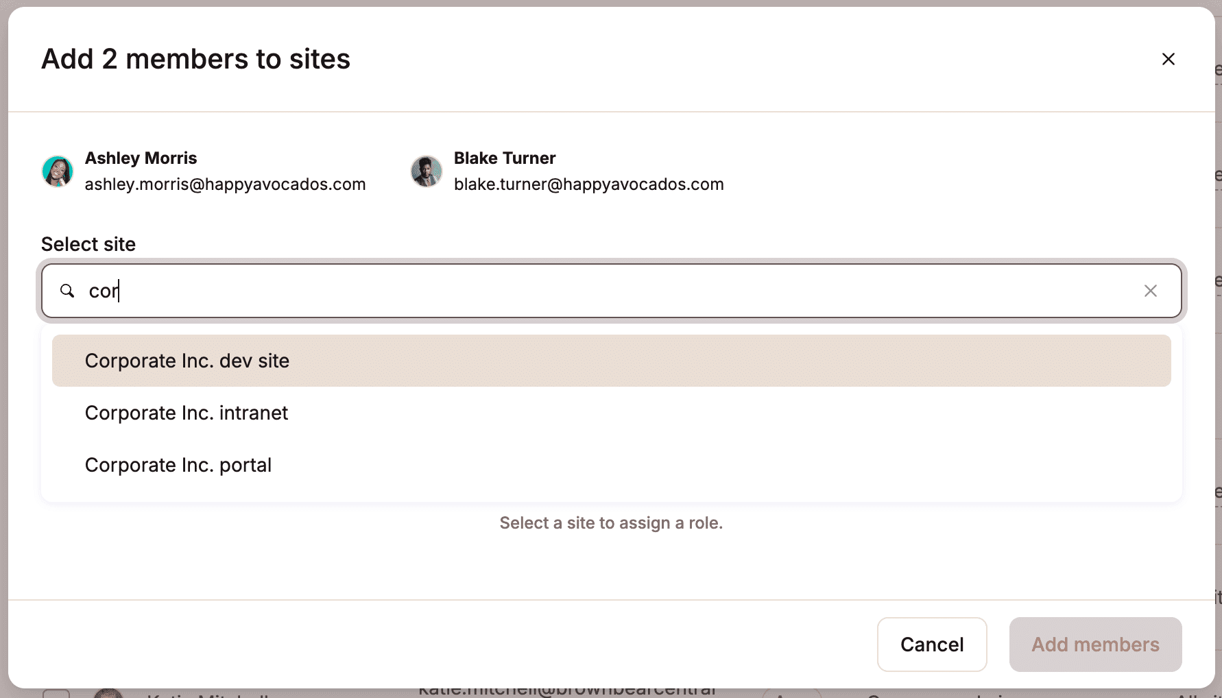 Selecionar um site para adicionar usuários.