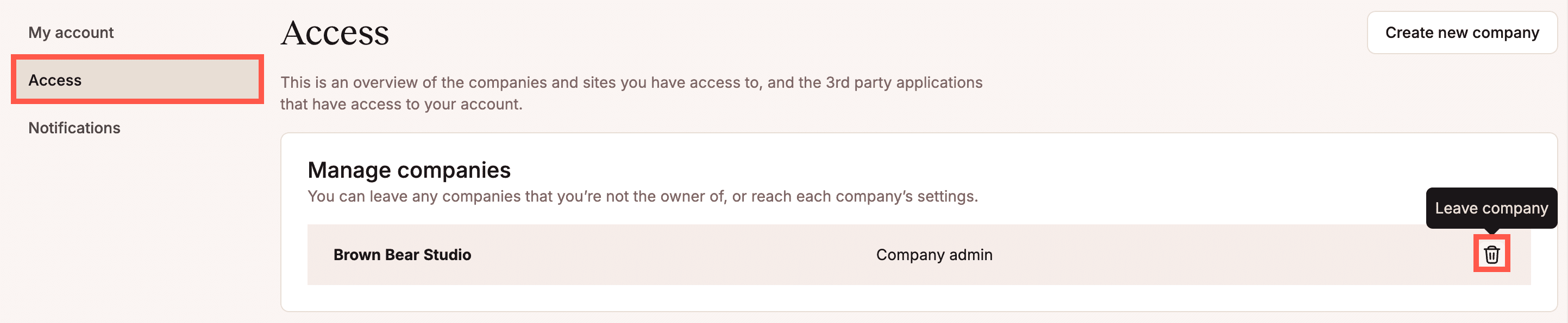 Sair de uma empresa nas Configurações do usuário do MyKinsta.