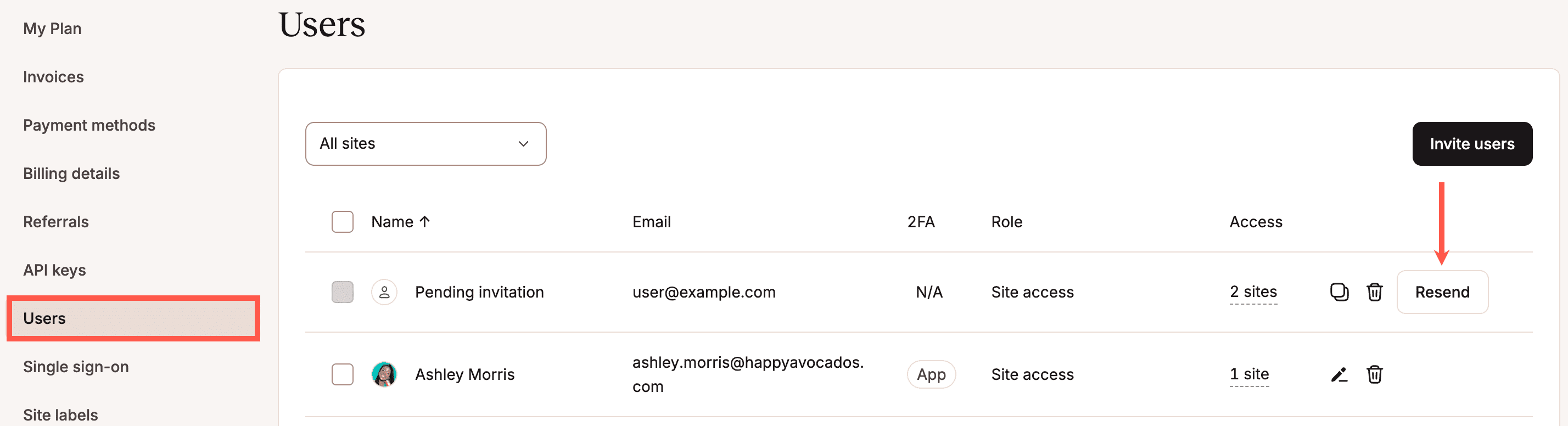 Reenviar convite pendente de usuário da empresa no MyKinsta.