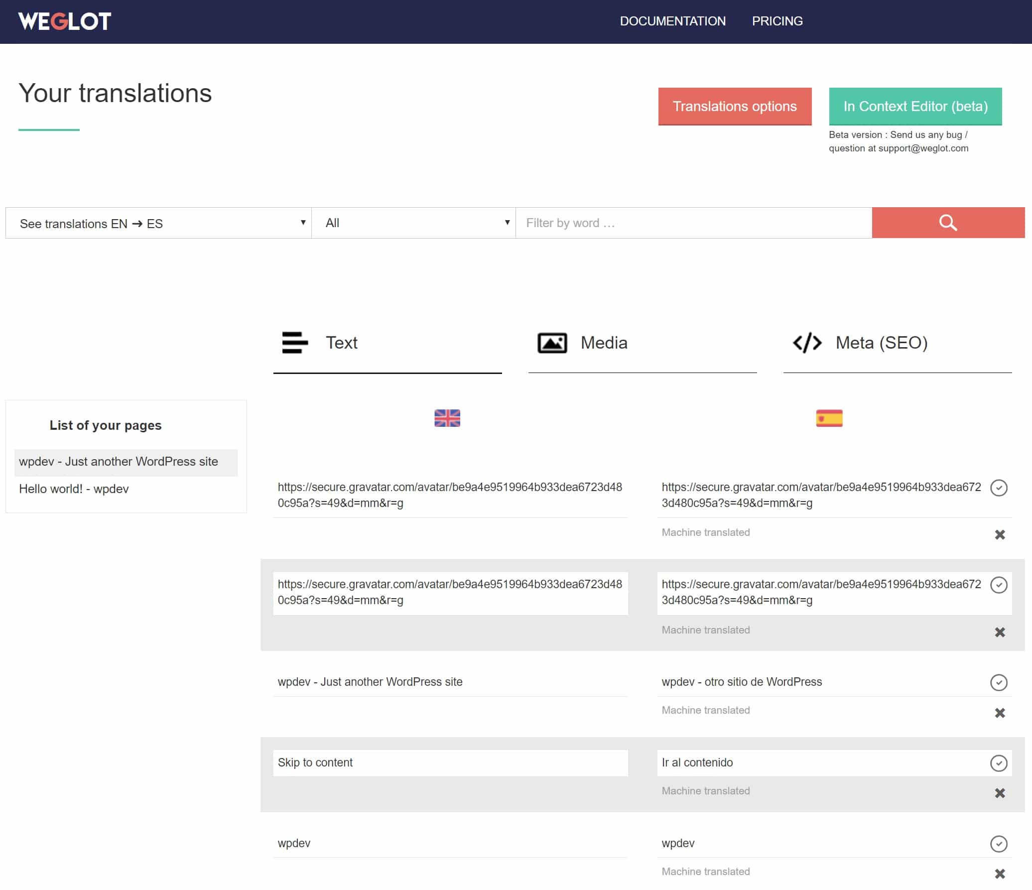 Weglot translation dashboard Weglot Übersetzungs-Dashboard
