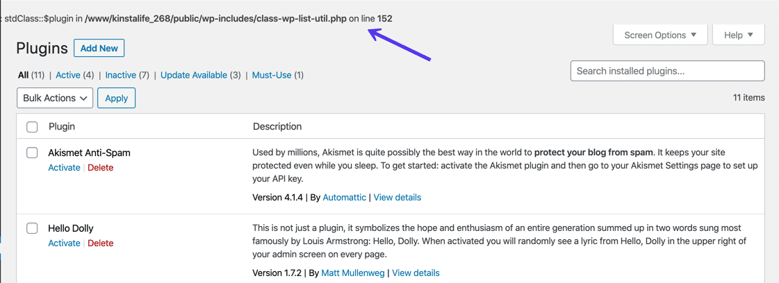 WP_DEBUG Beispiel eines Fehlers auf einer WordPress Webseite