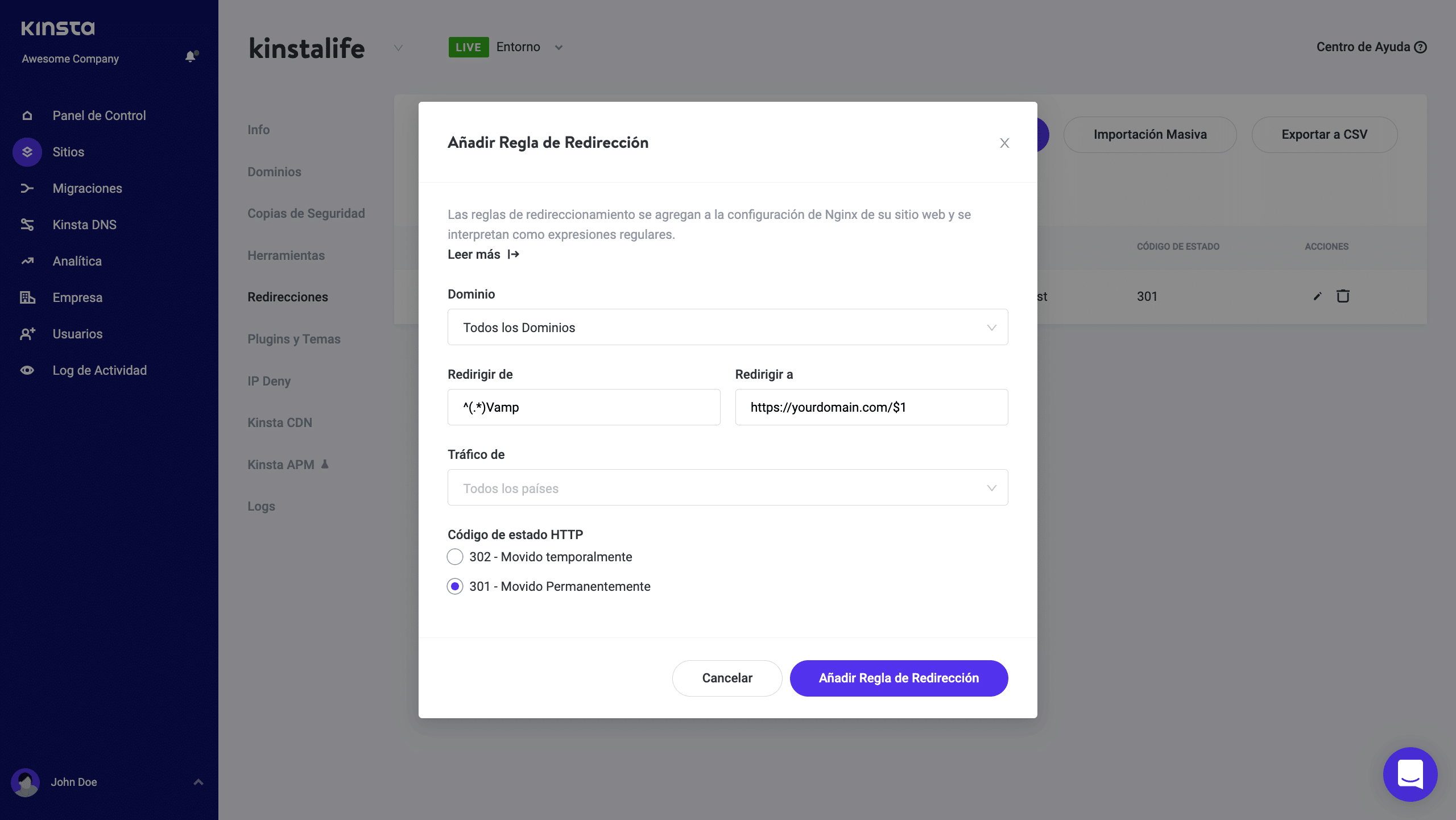 Redirección de AMP en el panel de control de MyKinsta