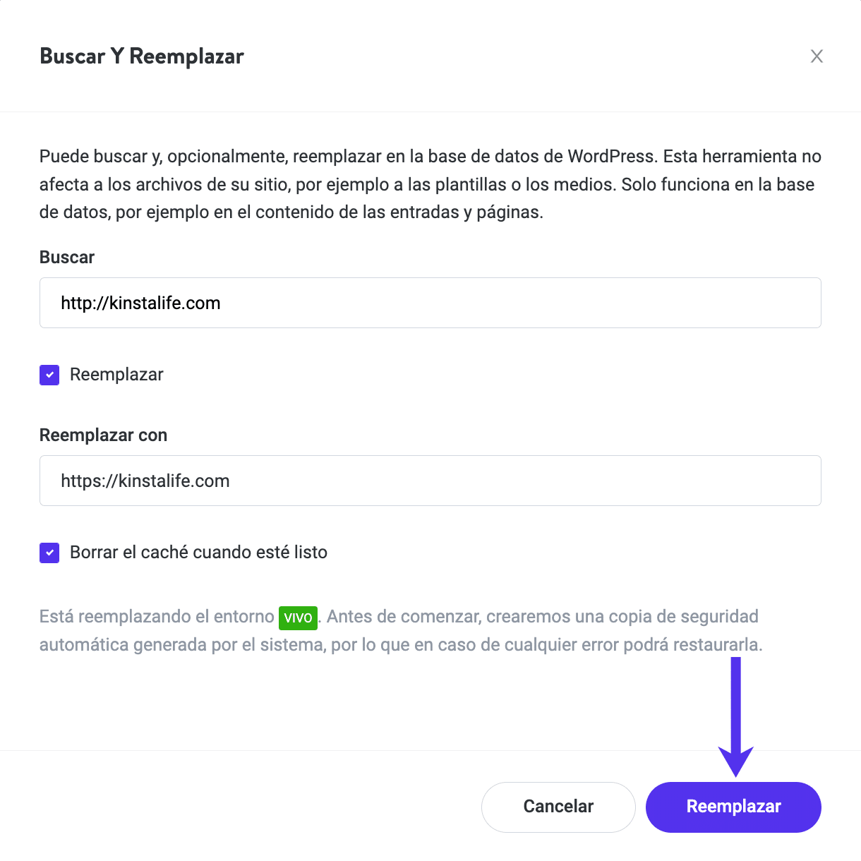 HTTP a HTTPS buscar y reemplazar en MyKinsta