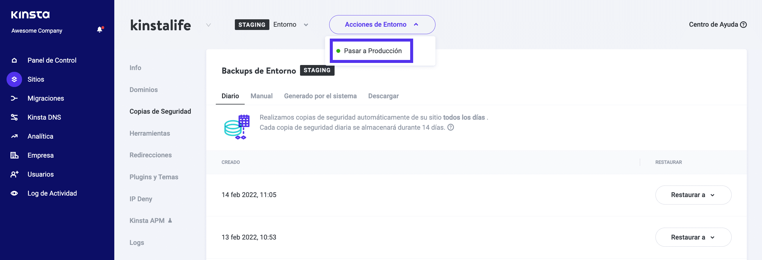 El MyKinsta elige la opción de la puesta en escena en vivo