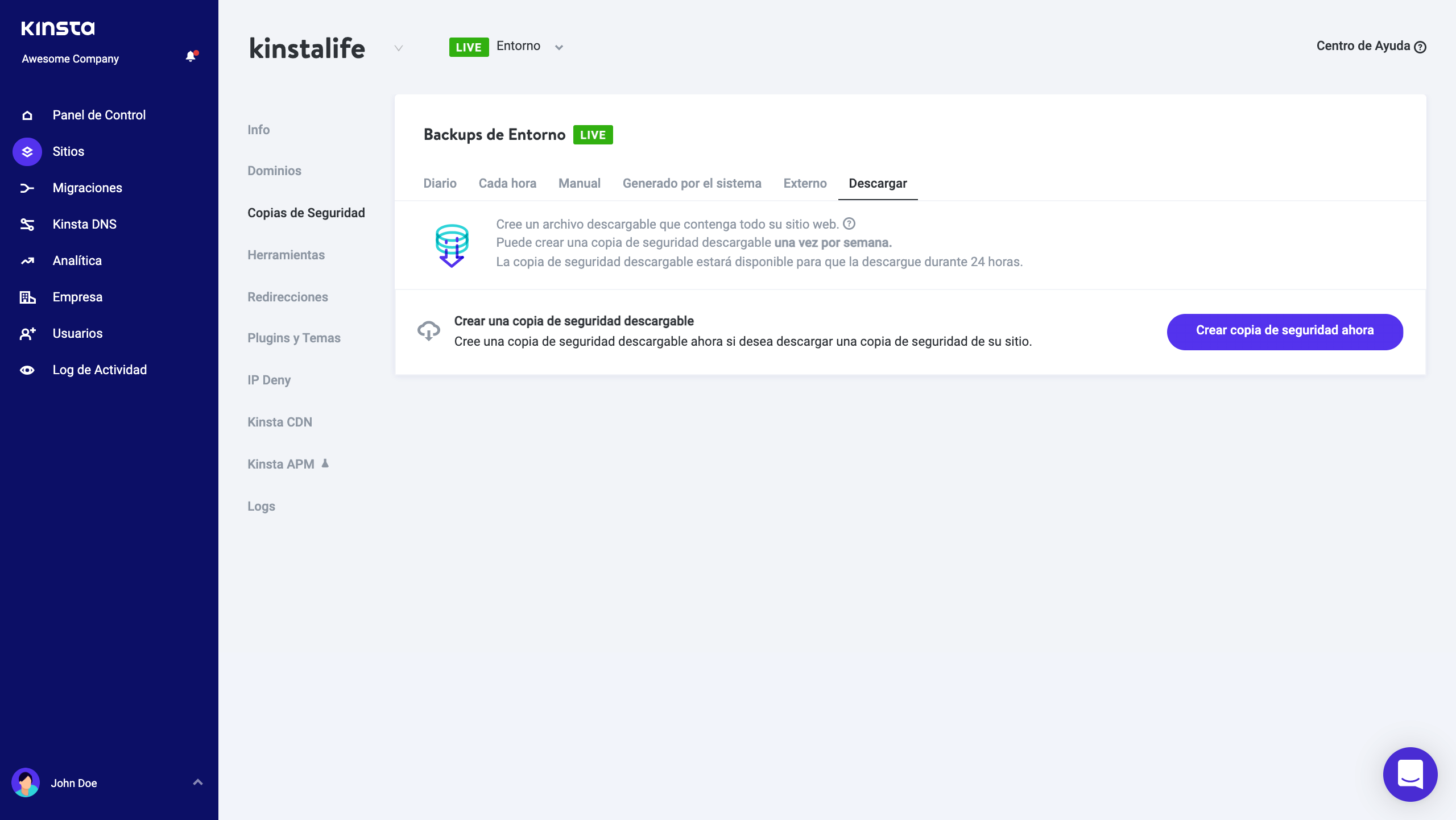 Backup descargable de WordPress