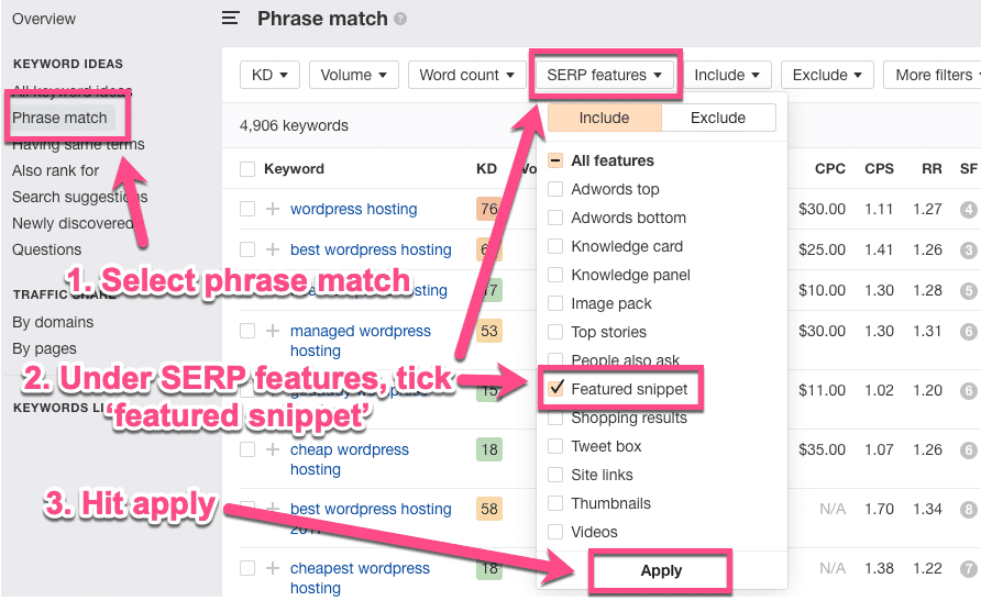 Ahrefs phrase match con featured snippets