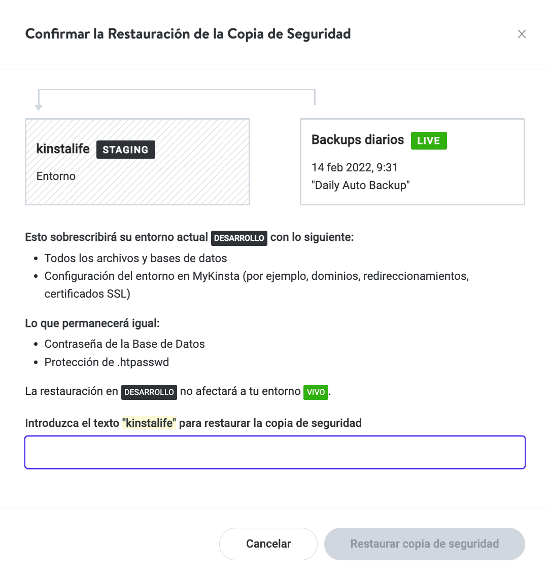 Confirme la restauración del respaldo de WordPress al entorno de prueba