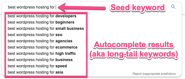 Palabras clave con long-tail con la función de autocompletar