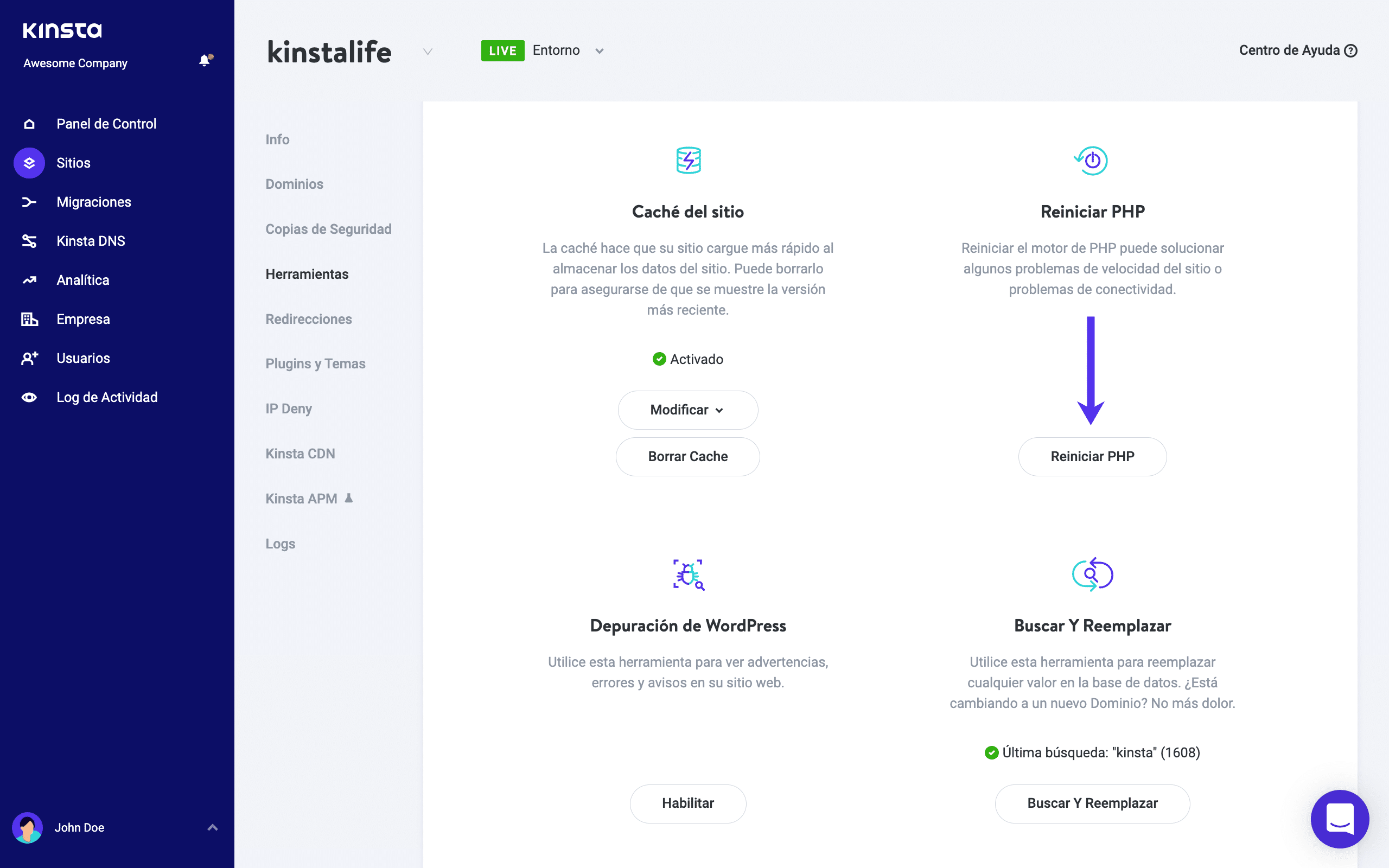 Reiniciar PHP en el panel de control de MyKinsta