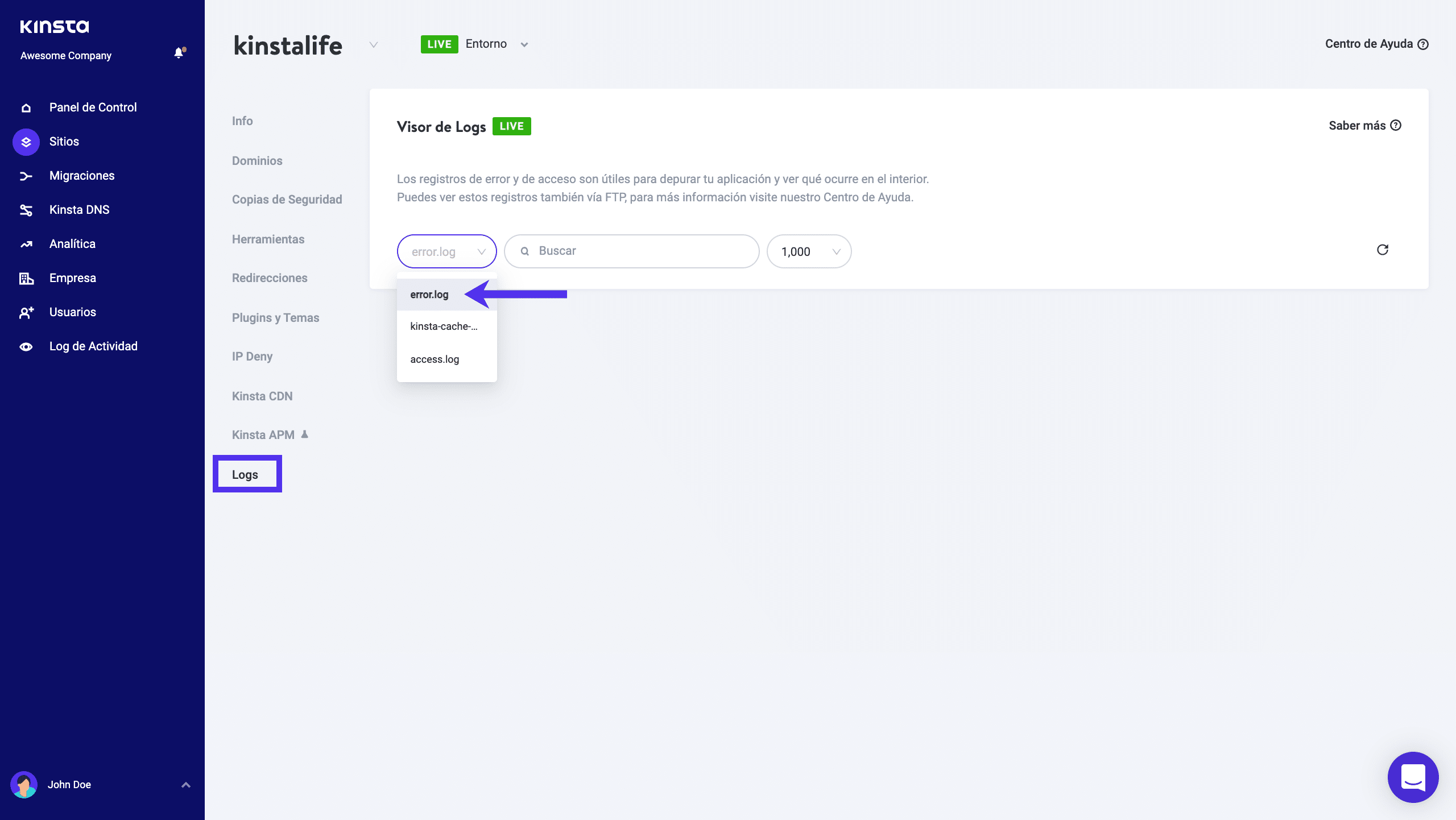 Visor del registro de errores de MyKinsta
