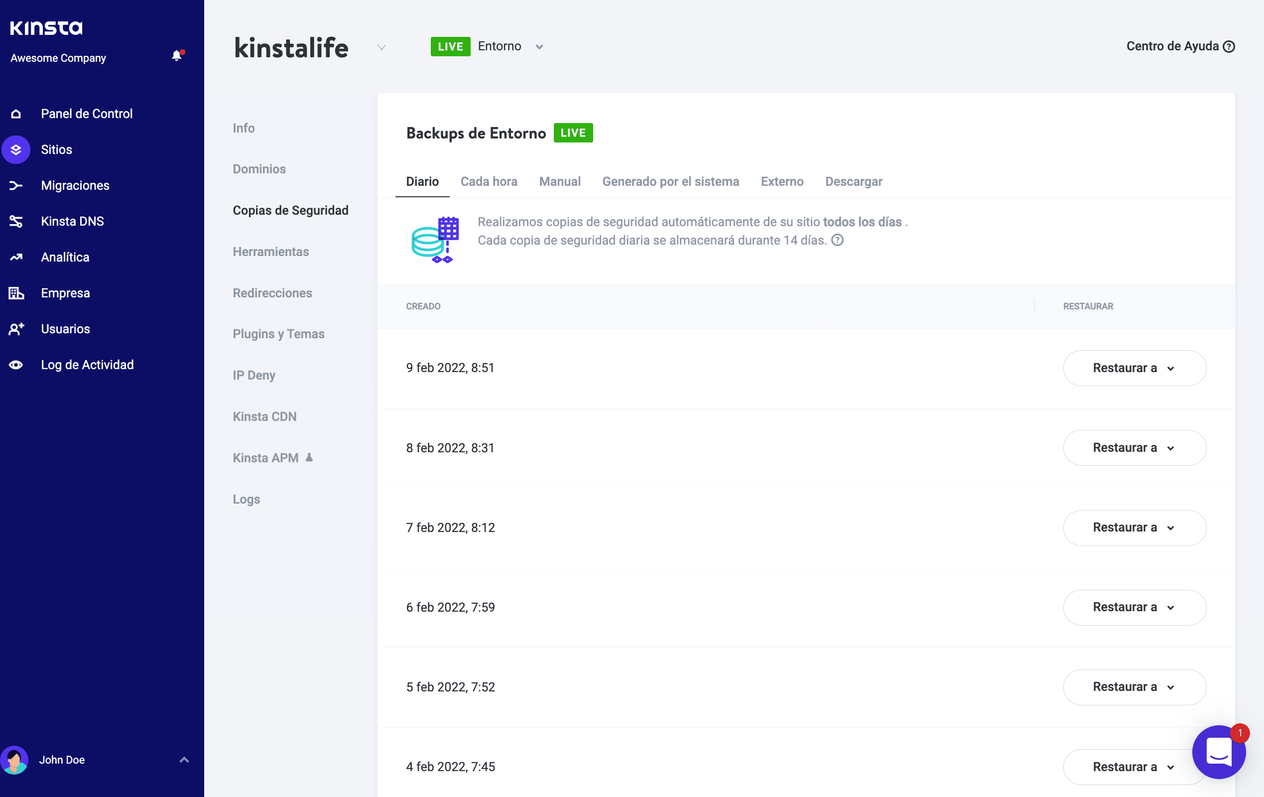 Haz una copia de seguridad de tu sitio web con MyKinsta.