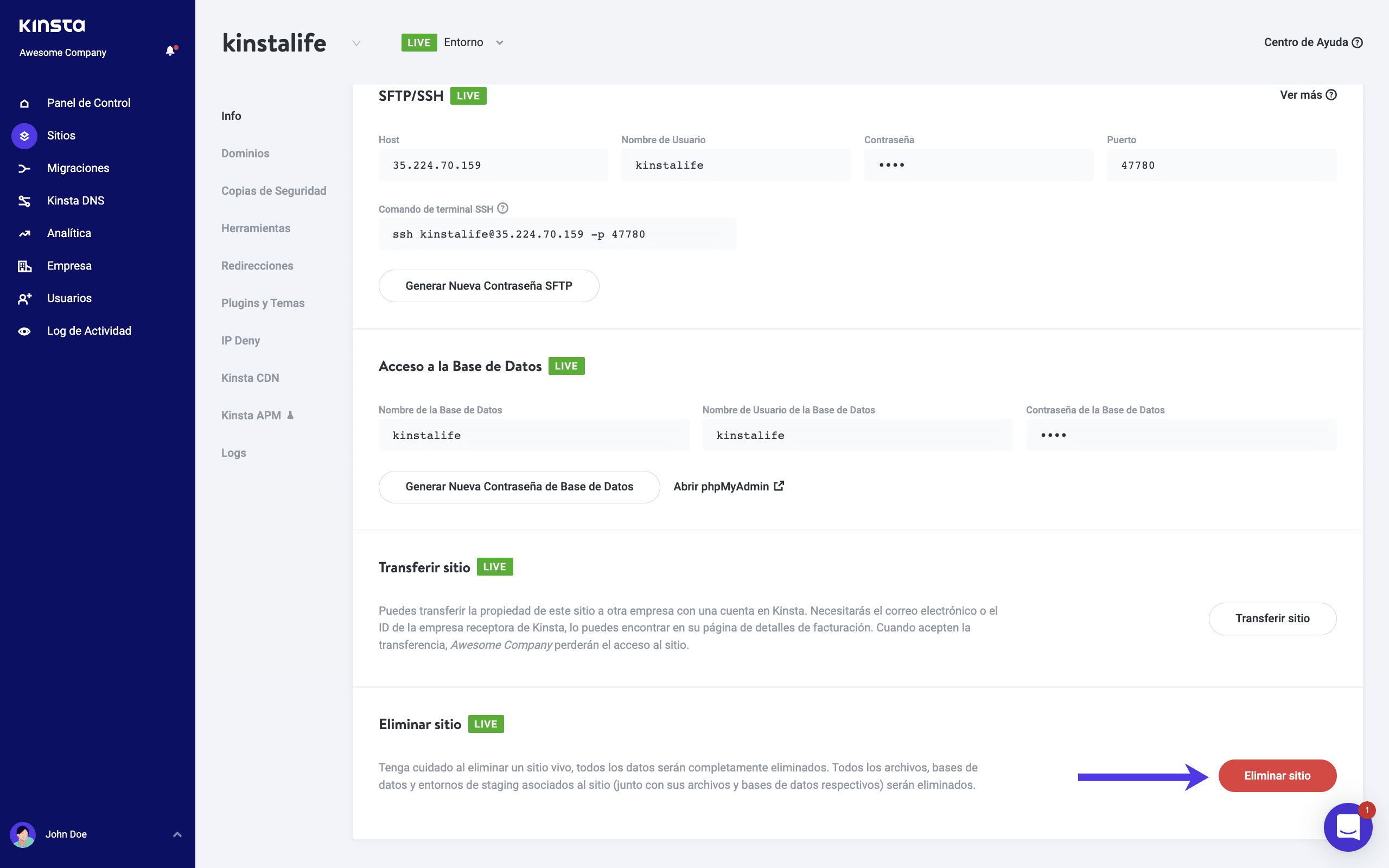 Eliminar un sitio en MyKinsta con un clic.