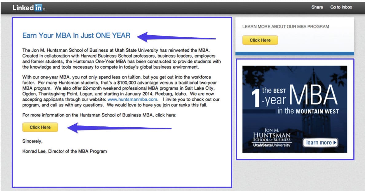 LinkedIn InMail campaign example Exemple de campagne LinkedIn InMail