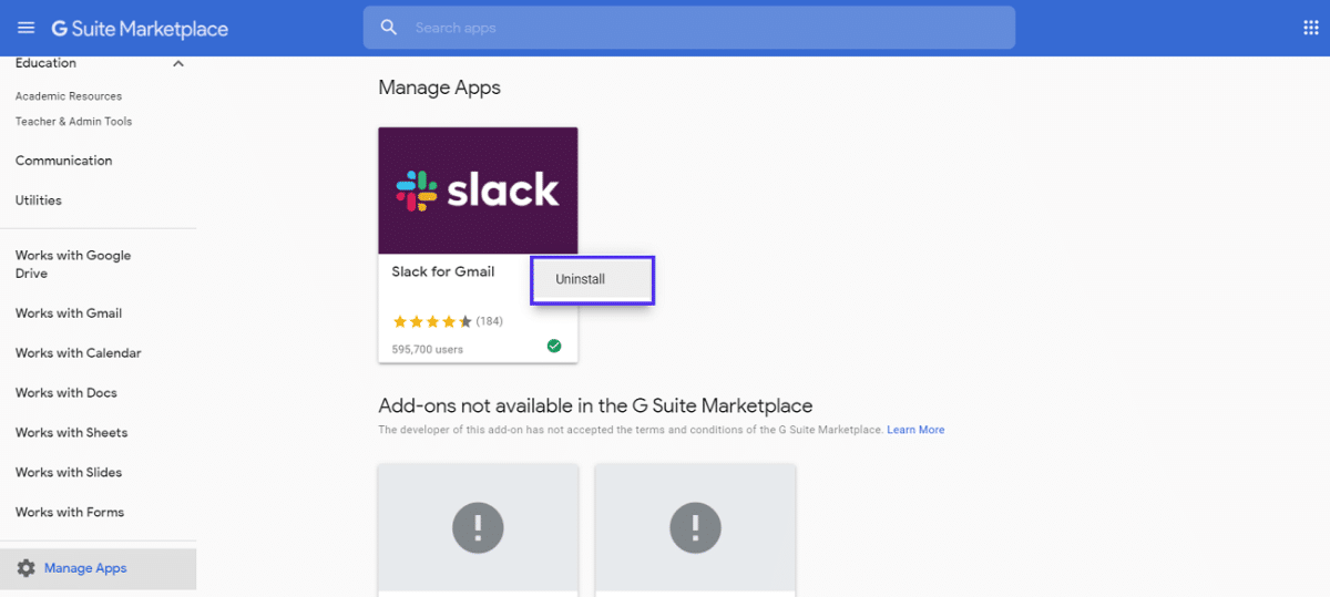 Section « Gérer les applications » Google Workspace Marketplace