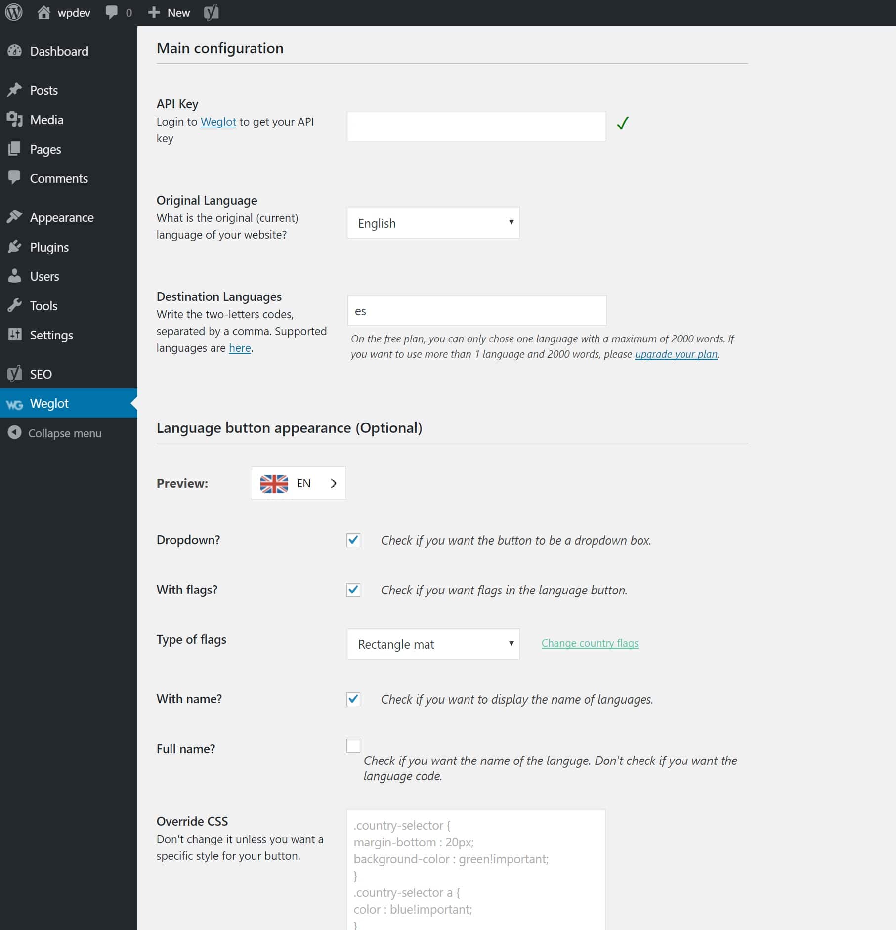 Configurazione di Weglot Configurazione Weglot