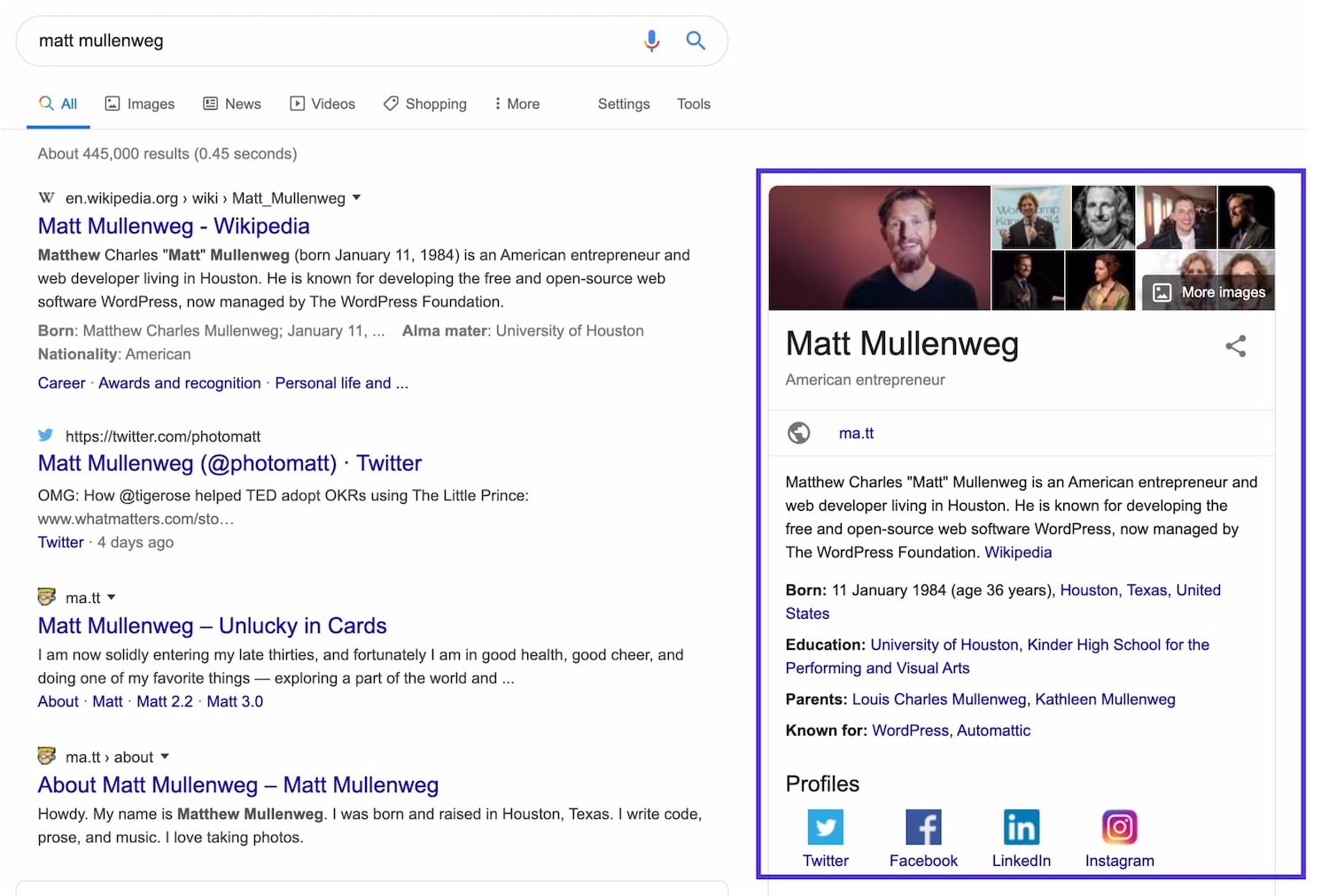 Knowledge panel di Matt Mullenweg