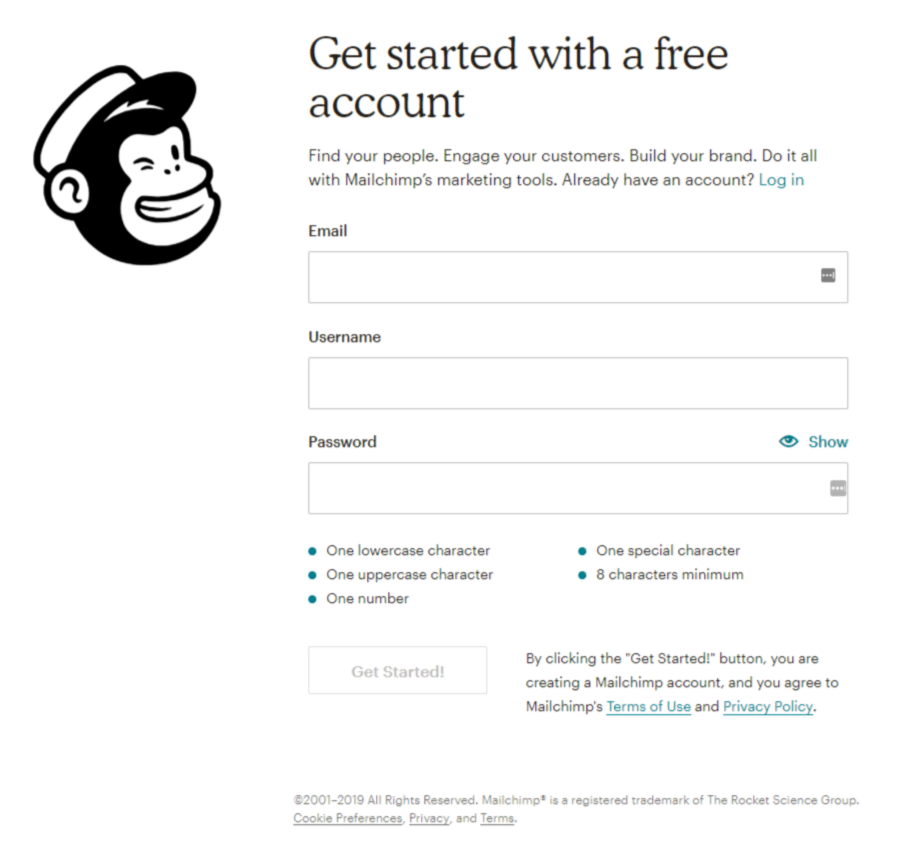 Mailchimp 登録画面