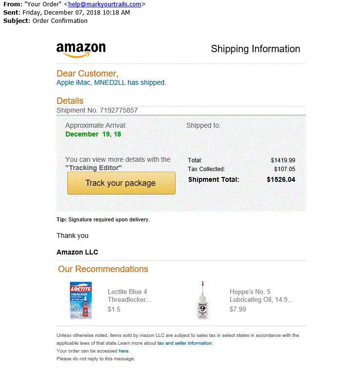 Amazonに偽装したフィッシングメール例（画像参照元：SecureWorld）