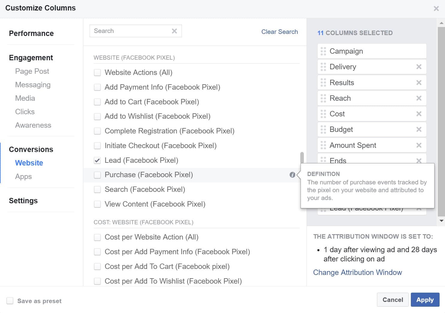 Facebook ads manager purchase column Coluna de compra do gerenciador de anúncios do Facebook
