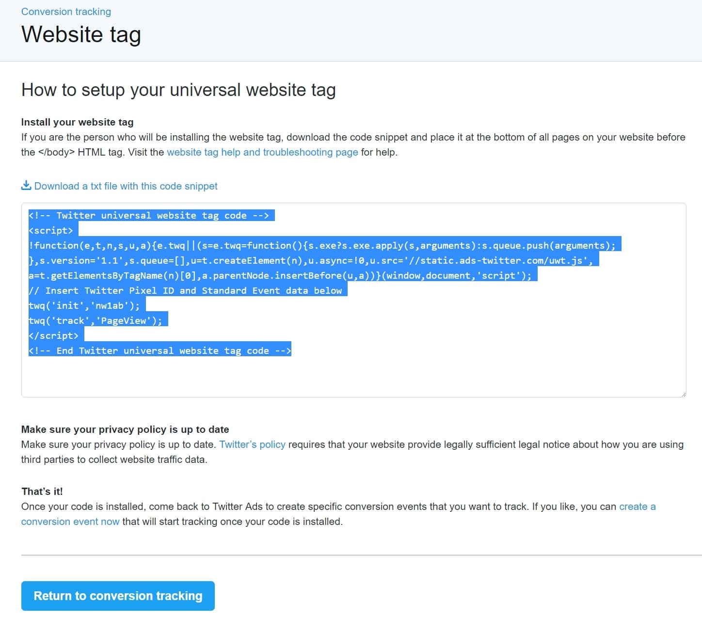 Twitter pixel tag Etiqueta de pixel do Twitter