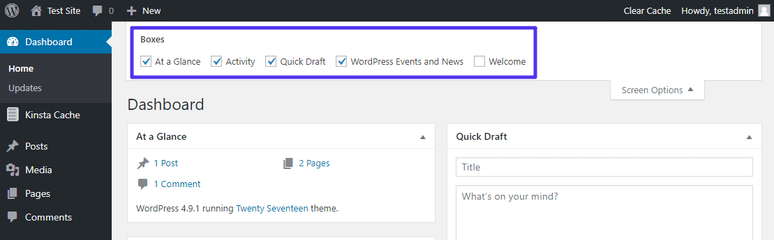WordPress admin boxes Caixas de administração WordPress