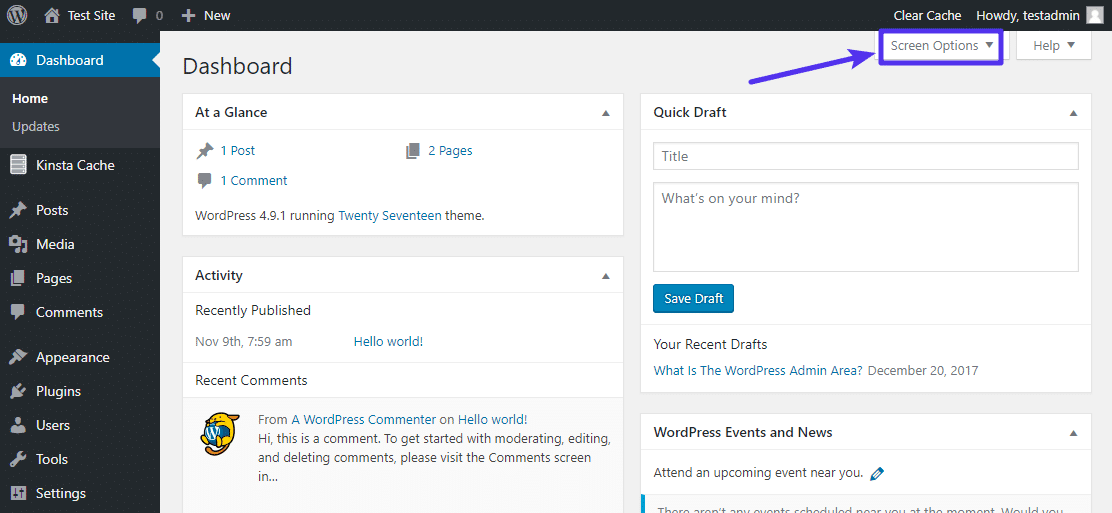 WordPress admin dashboard screen options Opções de tela do painel de controle de administrador WordPress