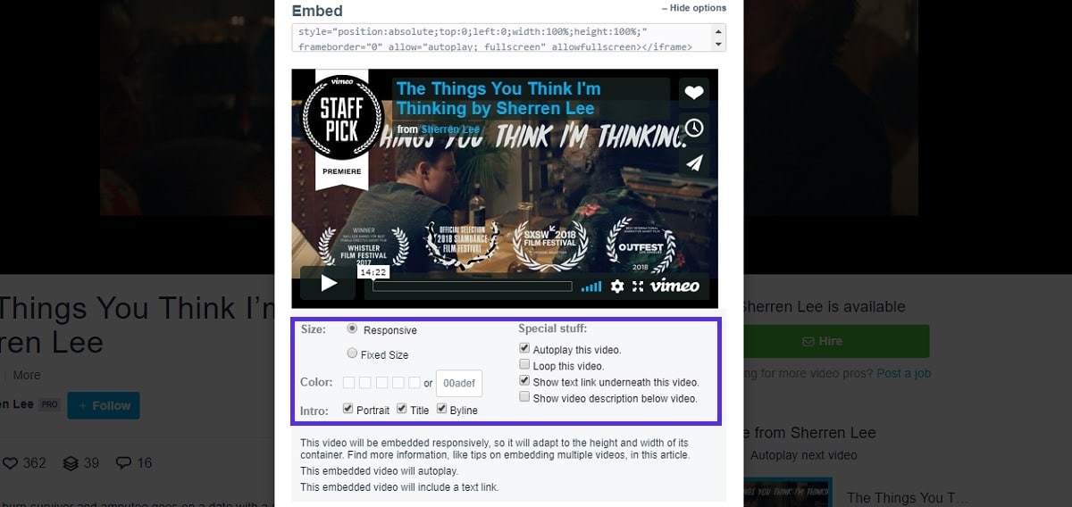 Incorporar opções no Vimeo