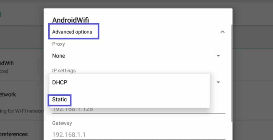 Opções avançadas da rede Android