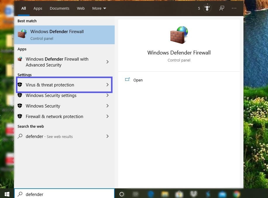Configurações de proteção contra vírus e ameaças do Windows