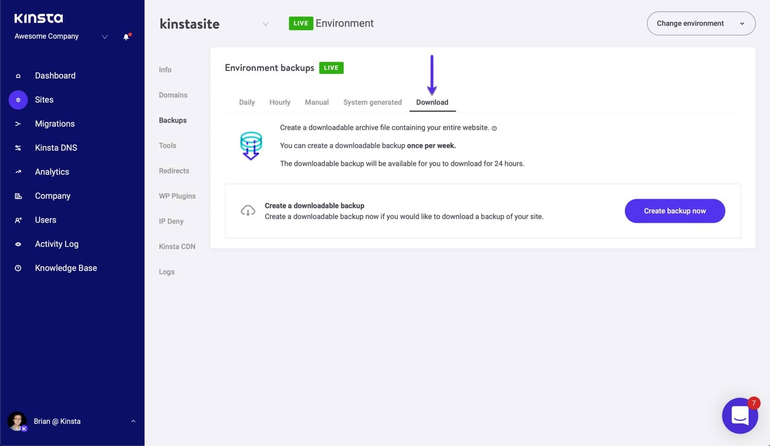 Herunterladbares Backup in MyKinsta.