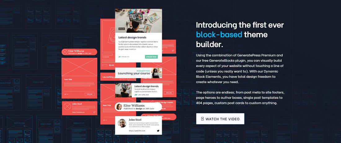 GeneratePress Theme mit dem GenerateBlocks Plugin.