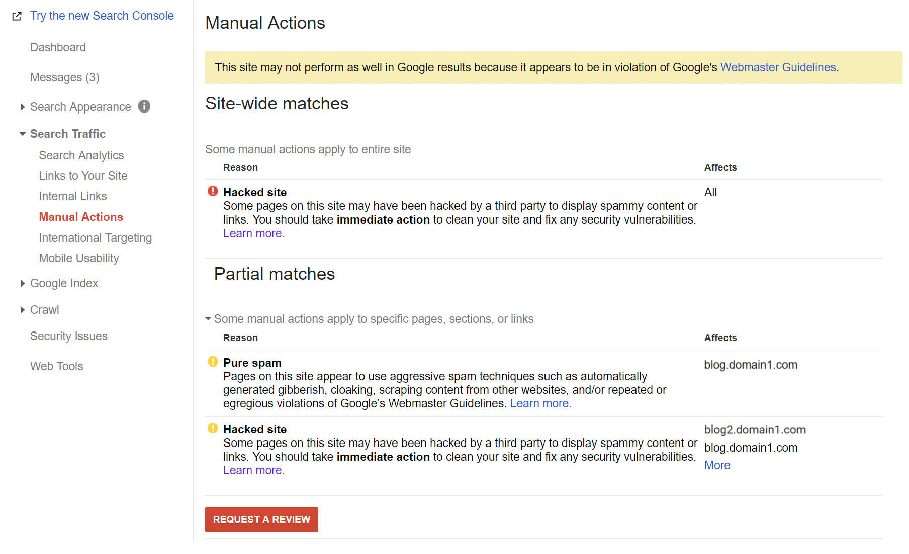Azione manuale in Google Search Console
