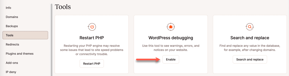 Habilitando a depuração do WordPress no MyKinsta.