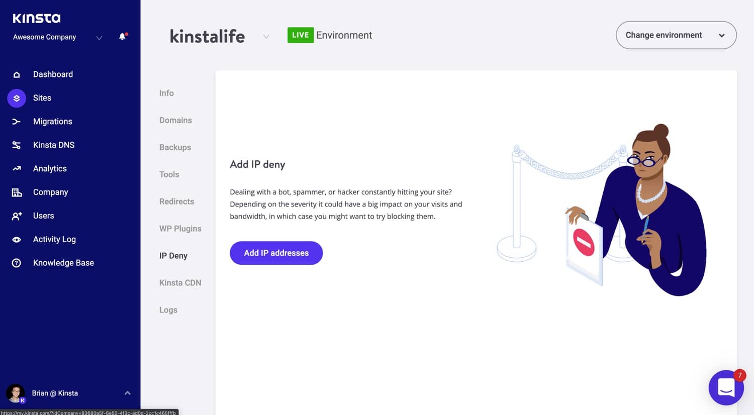 The IP Deny tool in MyKinsta.