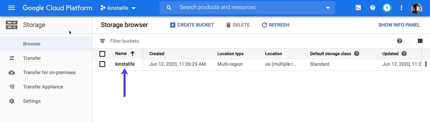 A newly created GCS bucket in Storage browser Un bucket GCS recién creado en el navegador de Almacenamiento.