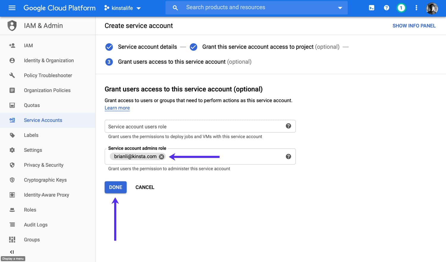Add an optional admin user to your service account if needed and click Done Añade un usuario administrador opcional a tu cuenta de servicio si es necesario y haz clic en Listo.