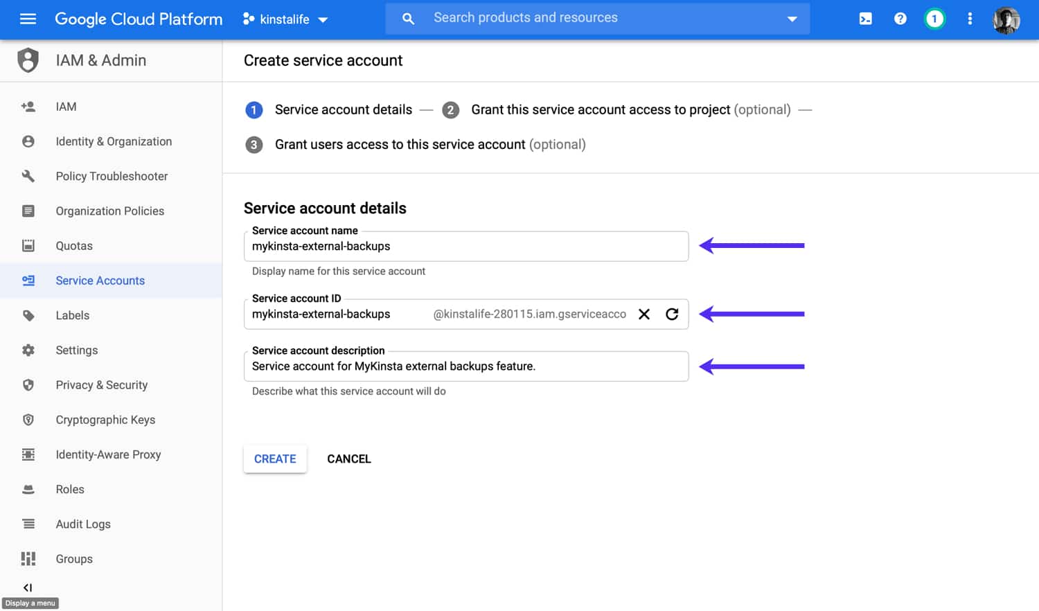 GCP service account name, ID, and description Nombre, ID y descripción de la cuenta de servicio GCP.