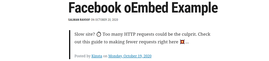 Eine simulierte Einbettung unter Verwendung der veralteten Facebook oEmbed Endpoints