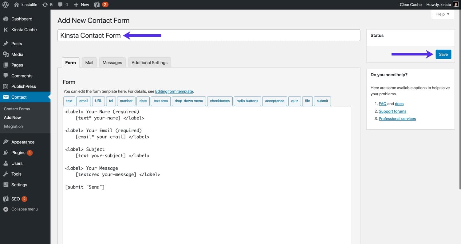 Salvare il nuovo modulo di contatto WordPress.