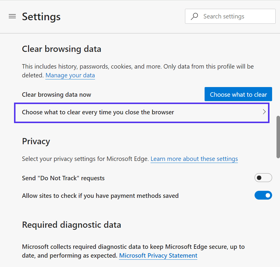 Geavanceerde instellingen 'Clear browsing data'