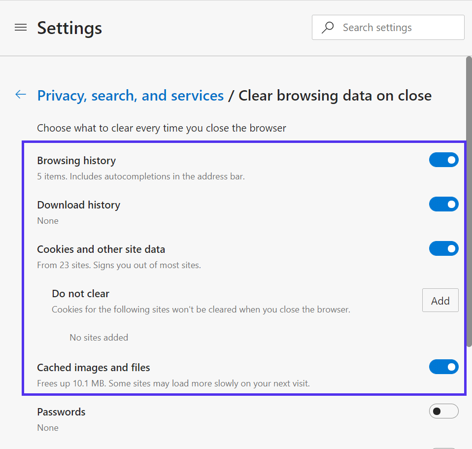 Kies wat je wilt wissen elke keer dat je de browser sluit