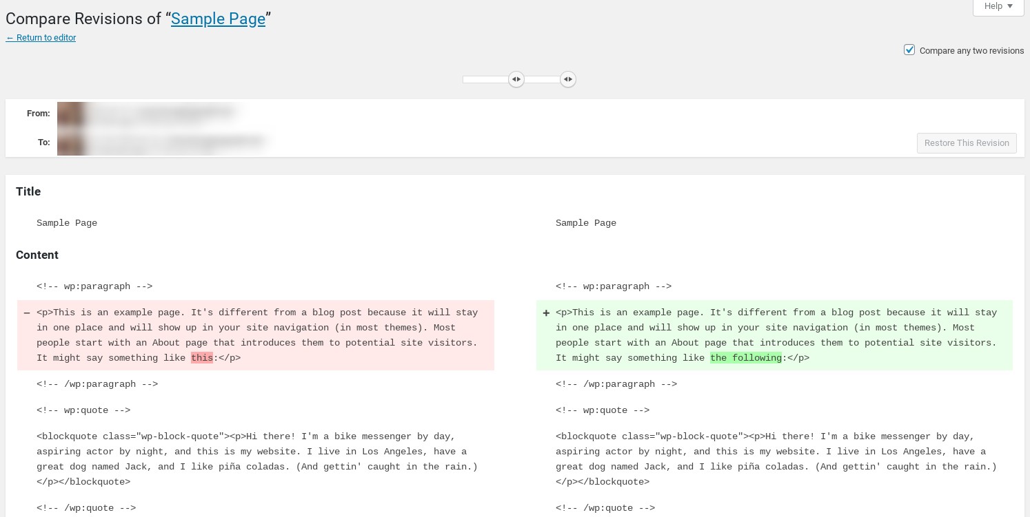 A página de revisões do WordPress
