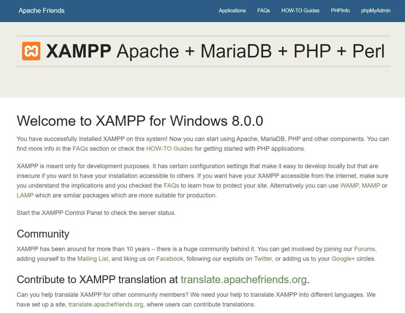 De XAMPP “localhost/dashboard” pagina.