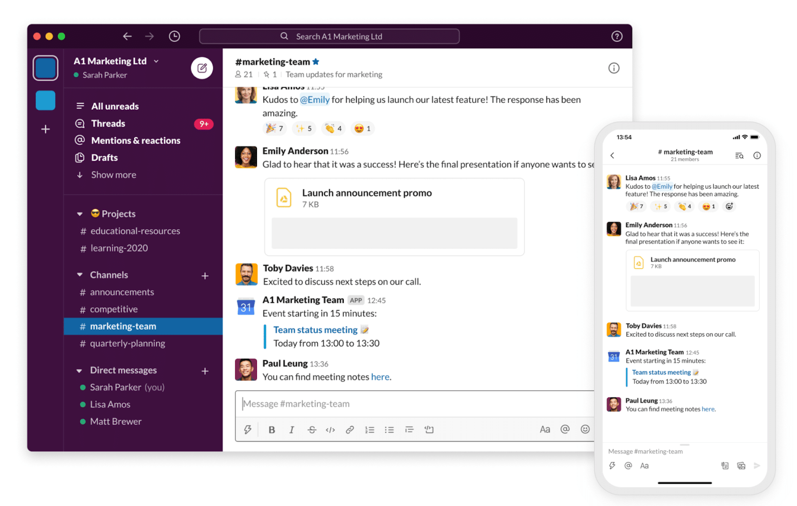 Het platform van Slack op zowel desktop als mobiele apparaten.